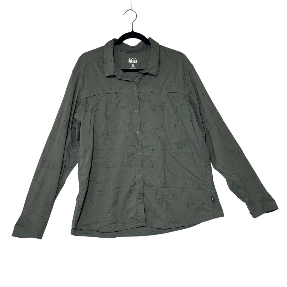 REI CO OP Womens 2X Green Hiking Shirt Long Sleeve Roll Tab Nylon Stretch Top